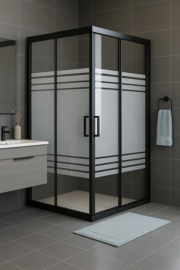 Kare Kumlama Trio Desenli 5 mm Temperli Siyah Profil Sürgülü Cam Duşakabin 190 cm Teknesiz